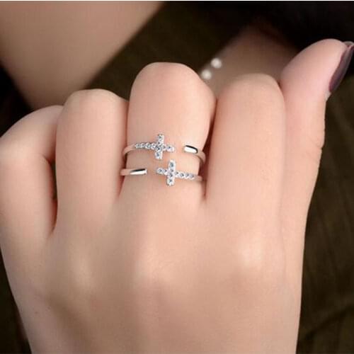 925 Sterling Silver Mosaic Zircon Cross Wedding Rings Opening Multi-layer Rings For Women S-R312