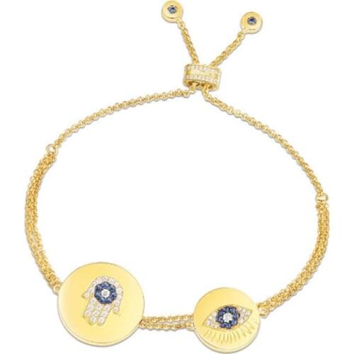 SOELLE Brand Design Women 925 Sterling Silver Yellow Gold Color Coin Inlay Cubic Zircon Lucky Symbol Eye and Hamsa hand Bracelet