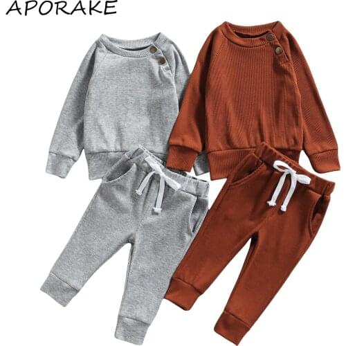2021 0-24M Casual Baby Girl Boy Clothing Set Spring Fall Solid Color Long Sleeve Button Sweatshirt+Long Pants Tracksuit 2pcs