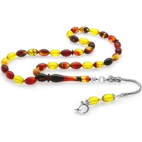 Tesbihane 925 Sterling Silver Tassels Wrist Size Bala-Black Fire Amber Prayer Beads