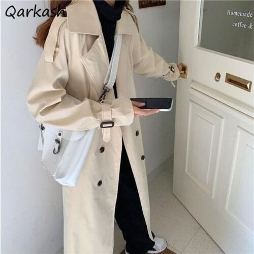 Trench Women Double Breasted Chic Spring Solid Long BF Style Loose Fashion Students High Street Korean Outerwear Windbreaker Ins