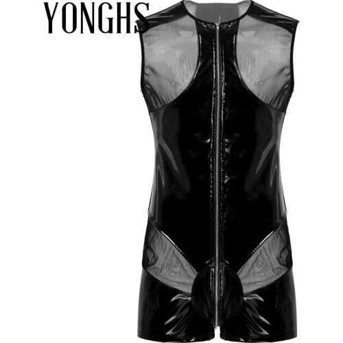 Mens Patent Leather Leotard Transparent Mesh Patchwork Round Neck Sleeveless Zipper Bodysuit Jumpsuit Bugle Pouch Shorts Romper