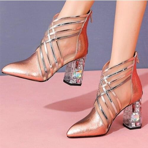 Party Pumps Sandals Women Cow Leather Pointed Toe Summer Ankle Boots Rhinestone High Heels Wedding Shoes 35 36 37 38 39 40 41 42
