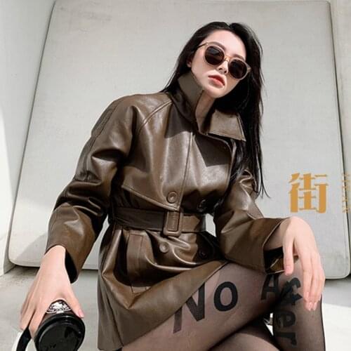 Winter Thick Lining Cotton Coat Double-breasted Mid-length PU Leather Jacket Women Autumn Loose PU Leather Jacket NS1763