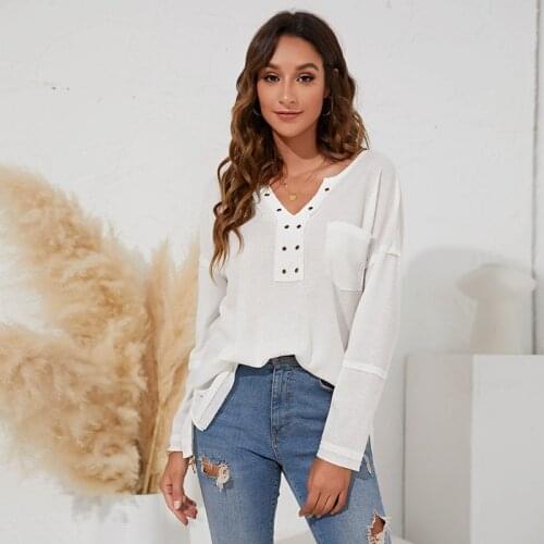 Autumn Women V-neck Loose Black White T shirt Long sleeve Pockets Solid Casual Ladies Top Fall Clothing Pullovers Cotton Tee New
