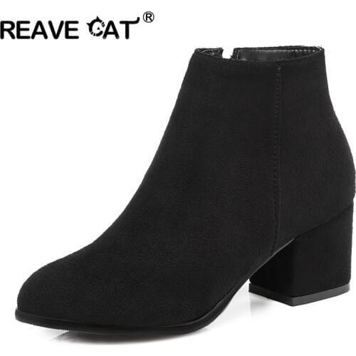 REAVE CAT EURO size 34-45 fashion Autumn Spring flock Women ankle boots Thick heel Zip Black Beige Designer shoes Flock CCA064
