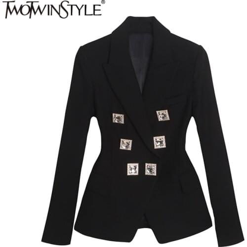 TWOTWINSTYLE Black Patchwork Diamond Blazer For Women Notched Long Sleeve Tunic Casual Blazers Female Fashion New Clothing 2021