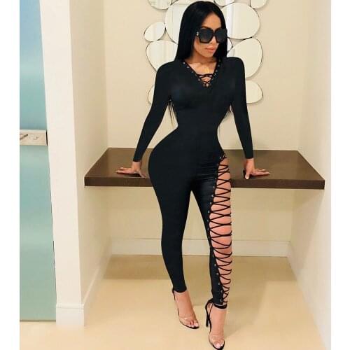 Sexy Jumpsuit Clubwear Party Romper Women V-neck Long Sleeve Cross Lace Up Hollow Out Bodycon Bandage Jumpsuit Club Outfits