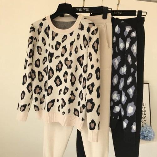 Spring Woman Leopard O-collor Pullover Sweaters+pants Sets Simplicity Trousers 2 Pcs Costumes Outfit Sets Woman Fashion Jumpers