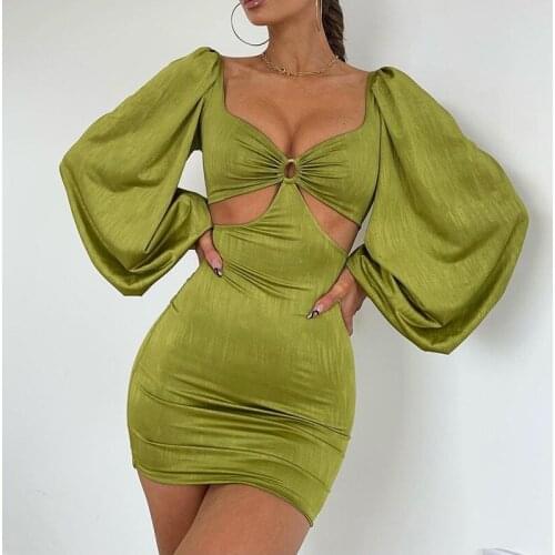 Green Puff Sleeve Bodycon Dress 2021 Summer Hollow Out V Neck Sexy Party Dresses Fashion White Bandage Long Sleeve Dress Women