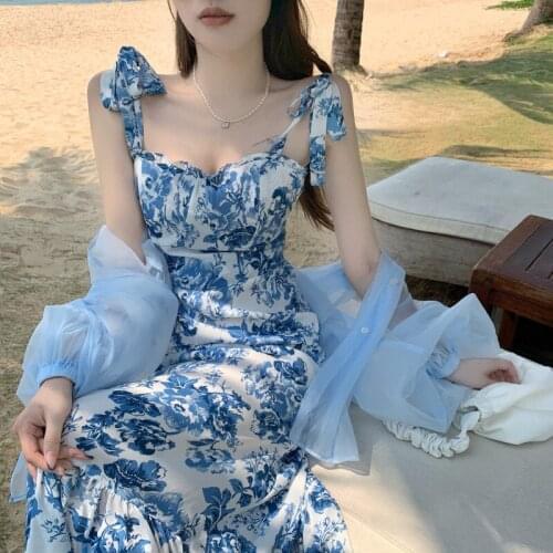 French Style Vintage Floral Square Collar Midi Spring and Summer New Waist Slimming Fishtail Suspender 2021 Dress for Women