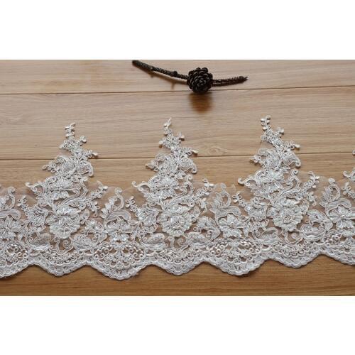 Ivory Alencon Lace Trim High Quality Hand Made Beaded Sequined Wedding Lace Trim Embroidered Retro Lace Bridal 10.6'' Wide 1yard