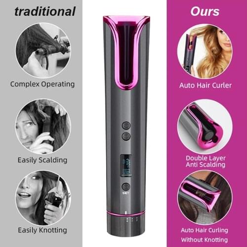 LCD Cordless Automatic Hair Curler USB Rechargeable Curling Iron Curls Waves Display Ceramic Curly Rotating Curling Wave Styer