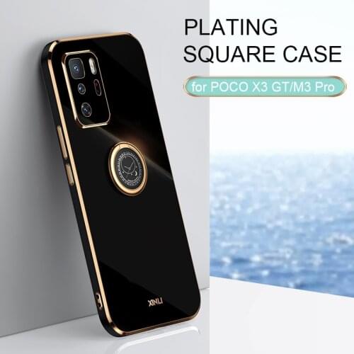Plating Square Ring Holder Phone Case On For Xiaomi Mi Poco X3 Gt M3 pro 5g Nfc Poko X3gt Luxury Soft Silicone Stand Back Cover