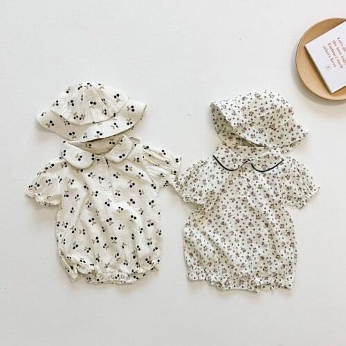 Baby Cotton Jumpsuit Toddler Infant Baby Clothing Boys Girls Kawaii Fruit Print Clothes Newborn Baby Rompers Shirt+ Sun Hat