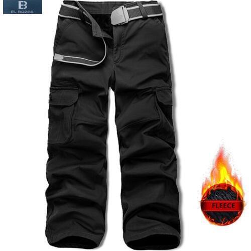 [EL BARCO] Cotton Fleece Casual Pants Men Winter Warm Soft Black Army Green Male Cargo Pants Zip Pockets Full Military Trousers