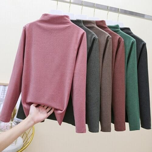 Cation Base Shirt Autumn Winter Womens Fashion Half-Height Collar Pullover Elasticity Long-Sleeved All-Match Warmth T-Shirt