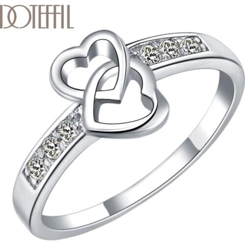 DOTEFFIL 925 Sterling Silver Double Heart AAA Zircon Ring For Women Fashion Wedding Engagement Party Charm Jewelry