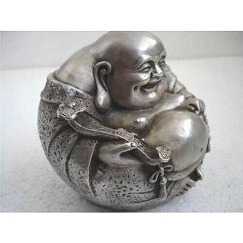Collection Collectible rare luck tibetan silver smile buddha statue wholesale 2PCS factory Bronze Arts outlets