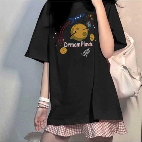Korean T-shirt Female Kawaii Cartoon Print T-shirts with Short Sleeve O-Neck Cotton Summer Sweet Women Clothing Loose T-shirt