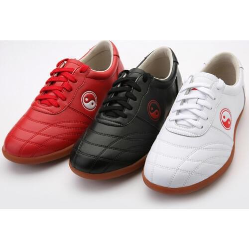 Cowhide Tai Chi Sneakers Free Flexible Martial Arts Wushu Shoes Sports Training Footwear Black Red And White Size 34-46