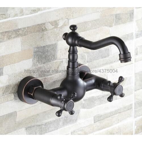 Black Oil Rubbed Brass Swivel Spout Kitchen Sink Faucet / Wall Mounted Dual Cross Handles Bathroom Basin Mixer Taps Ntf011
