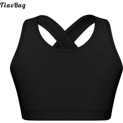 Summer Kids Girls Sport Bra U Neck Shoulder Straps Cross At Rear Sleeveless Keyhole Back Shockproof Running Gym Yoga Top