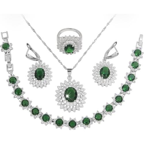 Many Colors Malay Jade Big Sunflower 925 Sterling Silver Costume Jewelry Earrings Ring Necklace With Bracelet Set