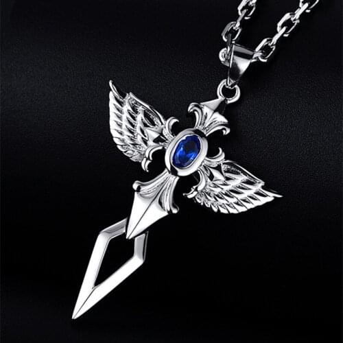 Trend Punk Style Creative Angel Wings Blue Crystal Necklace Street Fashion Mens Pendant Party Jewelry Accessories Gifts