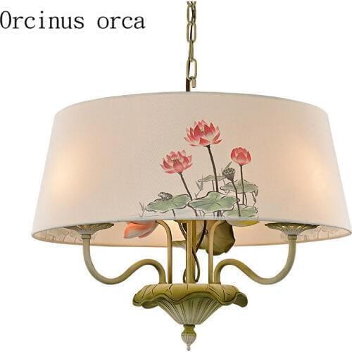 New Chinese lotus chandelier teahouse living room dining room Japanese style round lotus fabric pendant lamp free shipping