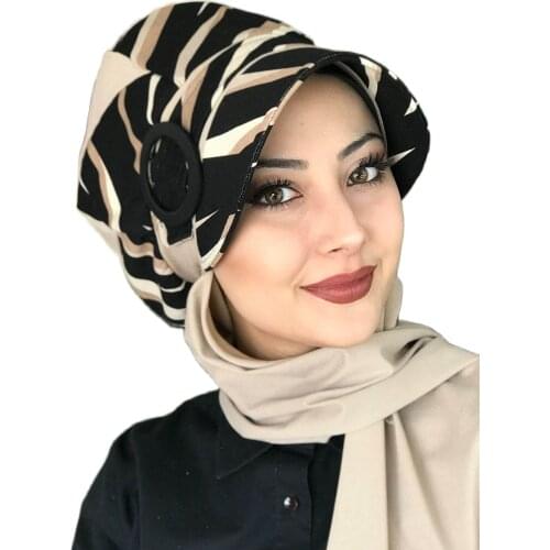 New Fashion 2021 Headscarf Turban Women Hat Spring Scarf Bad-ı Saba Black Beige Striped Passionflower Buckle Beige Scarf Hat