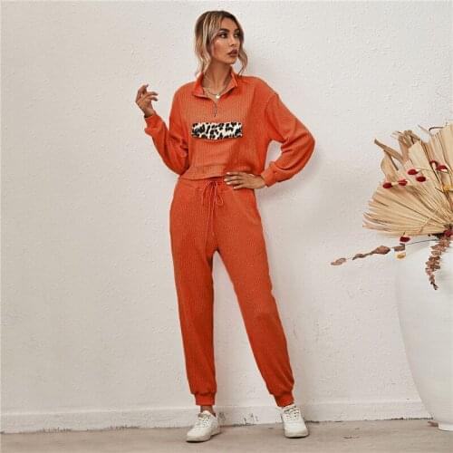 Autumn and Winter Leopard Print Patchwork zipper long sleeve pants casual suit Spring and Autumn Womens Sets Sports suit