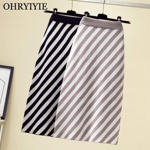 OHRYIYIE Autumn Winter Diagonal Striped Thick Knit Skirt Women 2021 High Waist A-line Skirts Office Lady Skirt Jupe Longue Femme