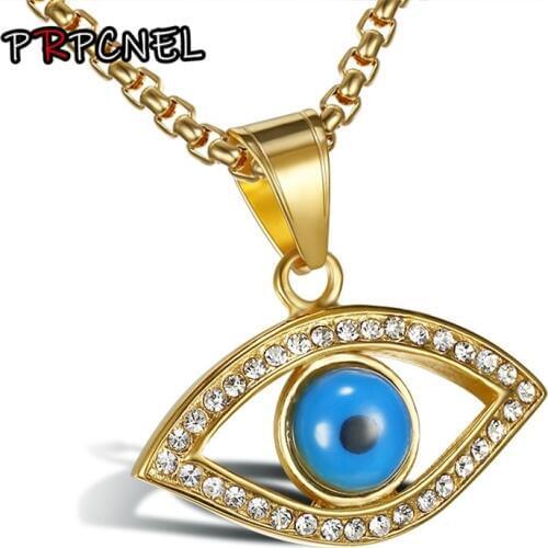 Hip Hop New Round Coin Evil Eyes Pendants Necklaces Silver Gold Color 316L Stainless Steel Eye of Necklace for Women/Men Jewelry