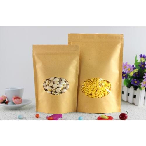 15*22+4cm 100pcs Stand Up Clear Window Brown kraft paper bags with Zipper lock for Food/Tea/Nut/Coffee Resealable Packaging Bag