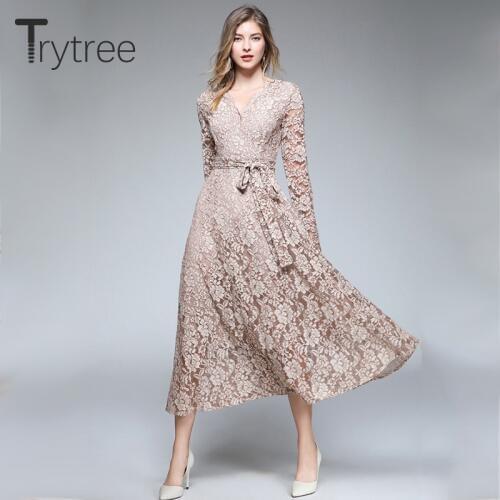 Trytree Summer Autumn Casual Shirt Dress Lace Polyester Sashes Mid-Calf Solid Women Dresses V-Neck A-Line Office Lady Dress