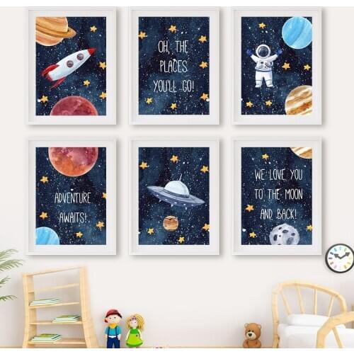 Cartoon Space Rocket Astronaut UFO Nursery Nordic Posters And Prints Wall Art Canvas Painting Wall Pictures Baby Kids Room Decor