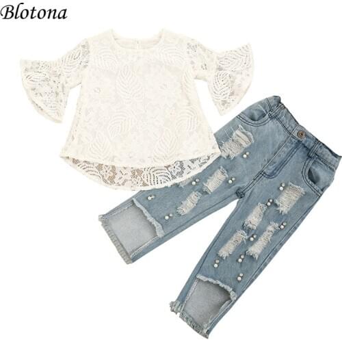 Blotona Toddler Girls Casual Clothes Sets, Round Neck Flared Sleeve Flower Leaves Lace Tops + Ripped Jeans 1-5Years