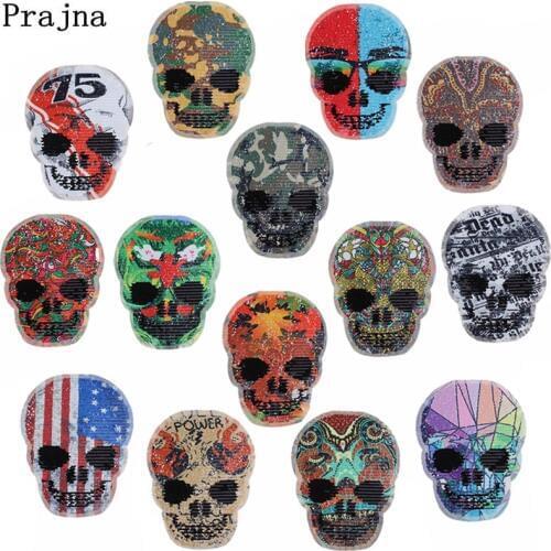 Prajna Skull Embroidery Reversible Sequins Patch Rose Flower Sew On Patches Cheaper Stripe Patch For Clothing Diy Applique F