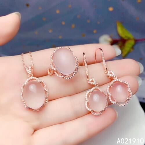 KJJEAXCMY boutique jewelry 925 sterling silver inlaid Natural Rose Quartz Ring Necklace Earring Suit Support Detection trendy