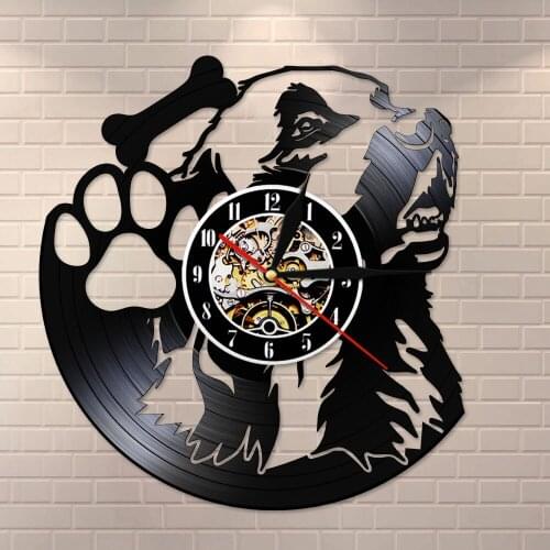 Made Of Vinyl Record LP Dog Paw Dog Dog Portrait Silent Wall ClockBone Puppy Pet Shop Wall Art Retro Home Decor Dog Owners Gift