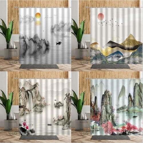 3D Ink Landscape Shower Curtain Lotus Florals Lake Mount Chinese Abstract Decorative Painting Bathroom Curtains Home Bath Decors