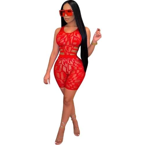 2021 Shorts Set Women Sexy Sheer Mesh Irregular Geometric Pattern Print Hollow Out Top + Shorts See Through Club Two Piece Set