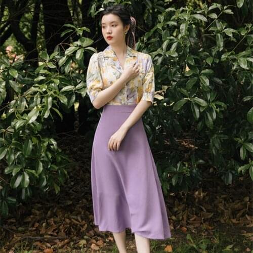 Hong Kong Style Two Piece Set Women Retro Print lapel Shirt+High Waist Purple Sweet Skirt French Retro Set Summer