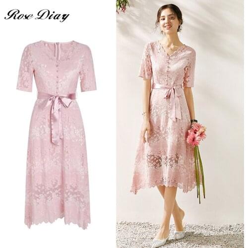2021 Fashion Short Sleeve Woman Dress Summer Pink V Neck Lace Hollow Out Slim Midi Dresses For Women Casual Elegant Vestidos