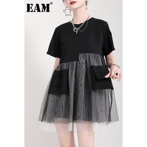 [EAM] Women Black Contrast Color Pocket Mesh Dress New Round Neck Half Sleeve Loose Fit Fashion Tide Spring Summer 2021 1DD9887