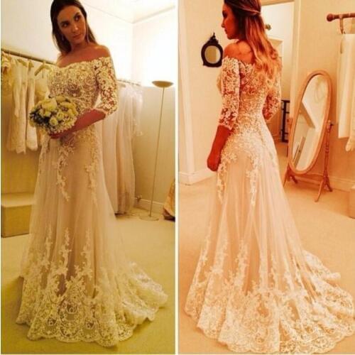 Off Shoulder Appliques 3/4 Sleeves Wedding Dresses Tulle Applique Lace Elegant Vintage Bridal Gowns abito da sposa