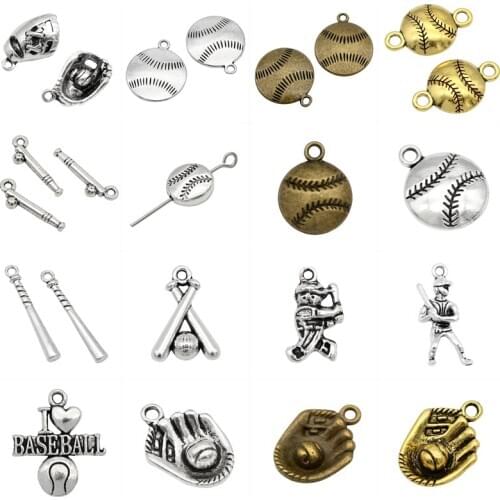 20-150pcs Baseball Ball Bat Cap Gloves Mitt Player Champion I Heart Love Baseball Spacer Beads Connector Charms Pendants