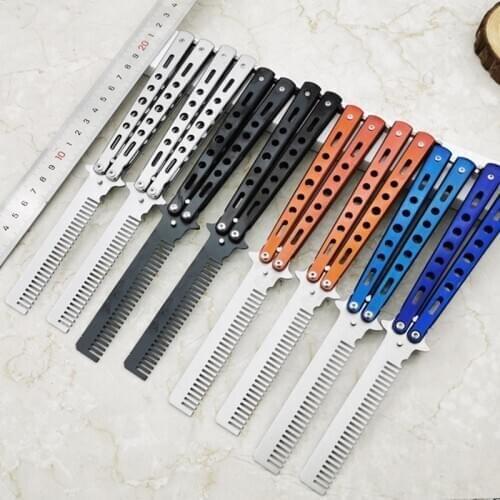 Butterfly Balisong Folding Training Practice Comb Steel Combs Beard Moustache Brushes Hairdressing Hair Styling Tool 4 Colors
