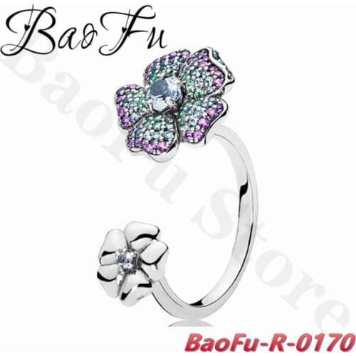 BaoFu 925 Sterling Silver Ring Open Style Luxury Crystal Flower Elegant Ring Suitable for Original Female Jewelry